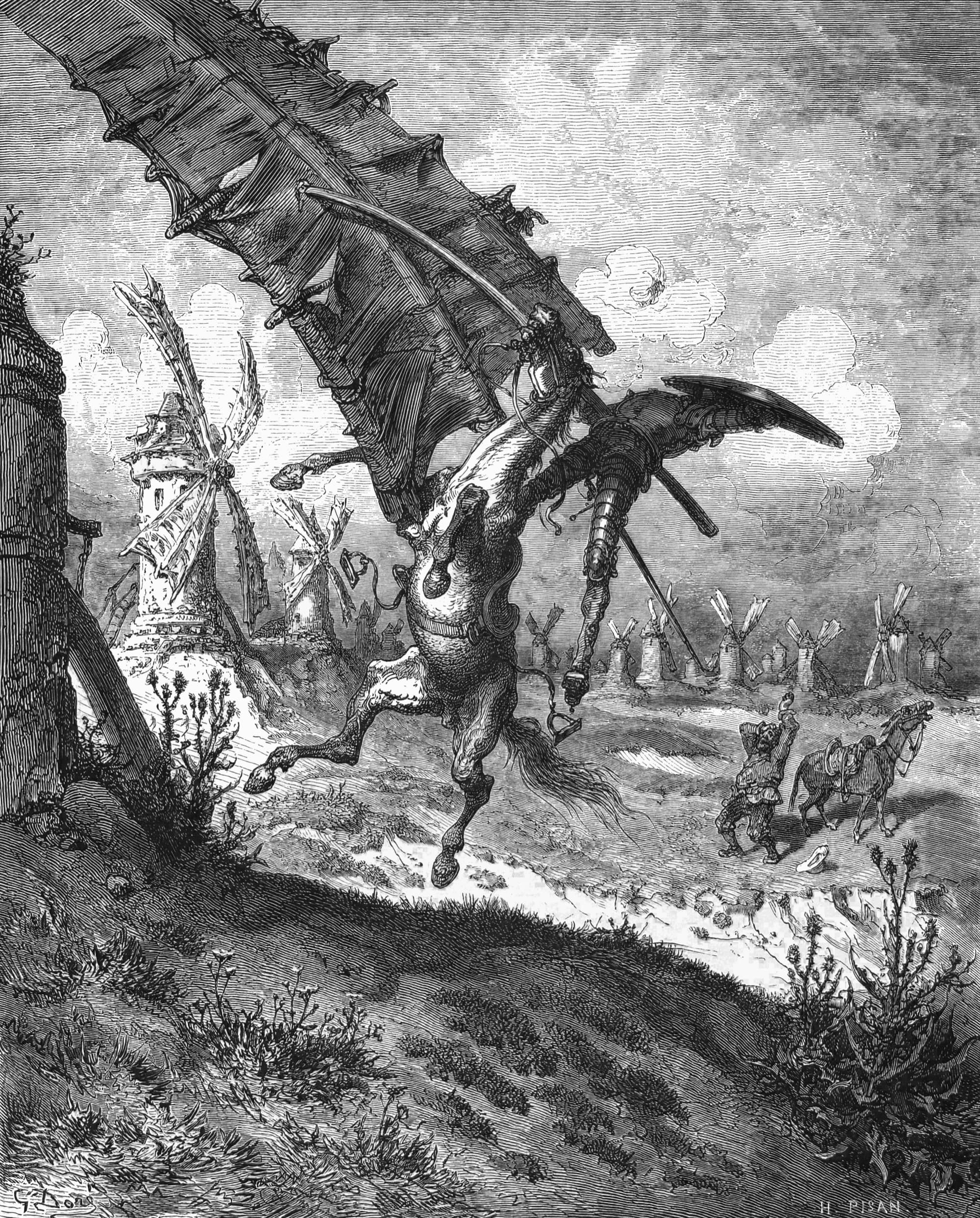Don Quixote charges the windmills, convinced they are giants, and is thrown by a turning sail. Engraving by Gustave Doré, 1863, whose illustrations shaped how the world pictures the novel. Public domain.